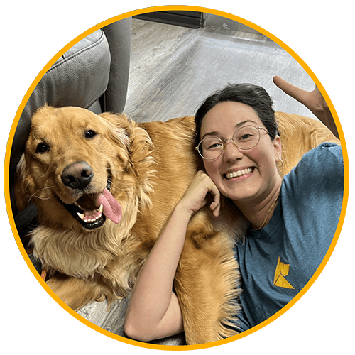 An image of Valentina Espinoza and her Golden Retriever, Vinnie. Valentina is the Director of the Support Team at Art of the Dog Canine Academy.